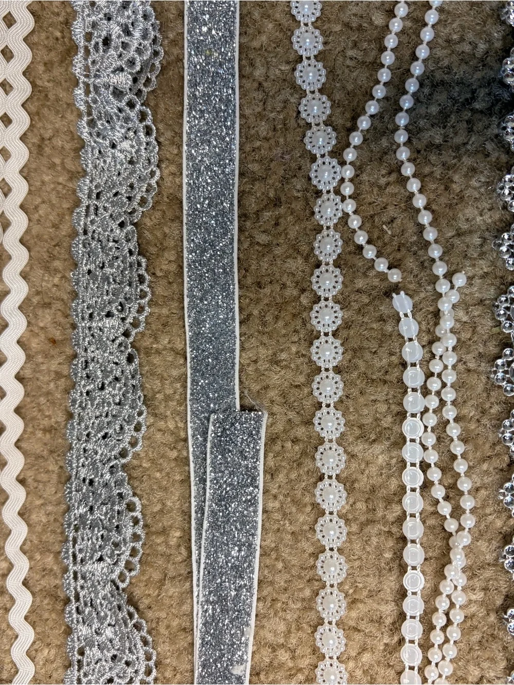 Silver Pearl and Rhinestone ribbon pieces